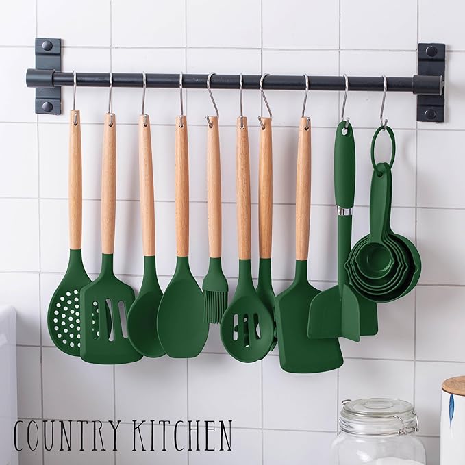 Country Kitchen Non Stick Silicone Utensil Set with Rounded Wood Handles for Cooking and Baking, 38 Piece Set, Green-Ruum Studio Home