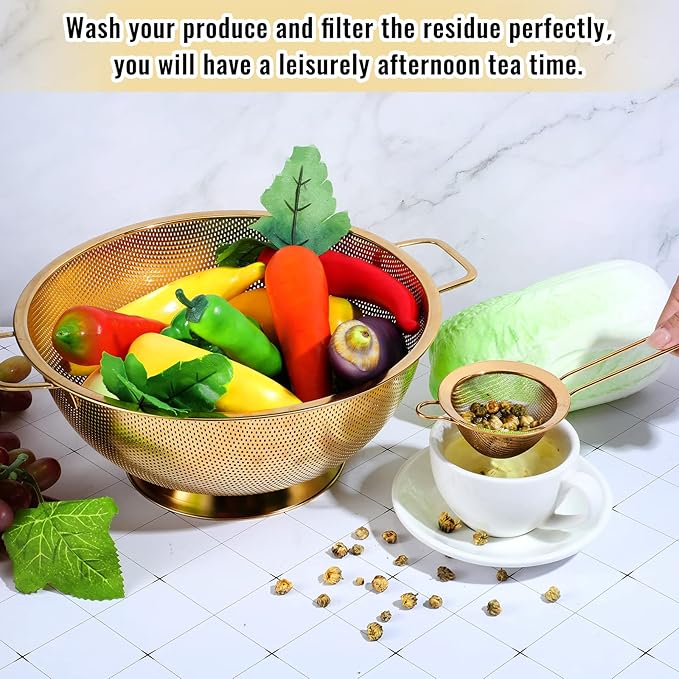 Norme 5 Quart Stainless Steel Gold Colander and 3 Pcs Gold Fine Mesh Strainer, Stainless Steel Pasta Rice Food Metal Strainer with Handles, Easy Clean and Dishwasher Safe-Ruum Studio Home