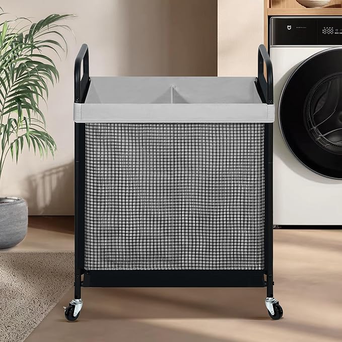 STO STO Laundry Hamper 2 Section, 100L Rolling Laundry Sorter Cart with Removable and Washable Liner Bag, Rolling Clothes Hamper with Metal Handle for Laundry Room and Bedroom, Gray-Ruum Studio Home