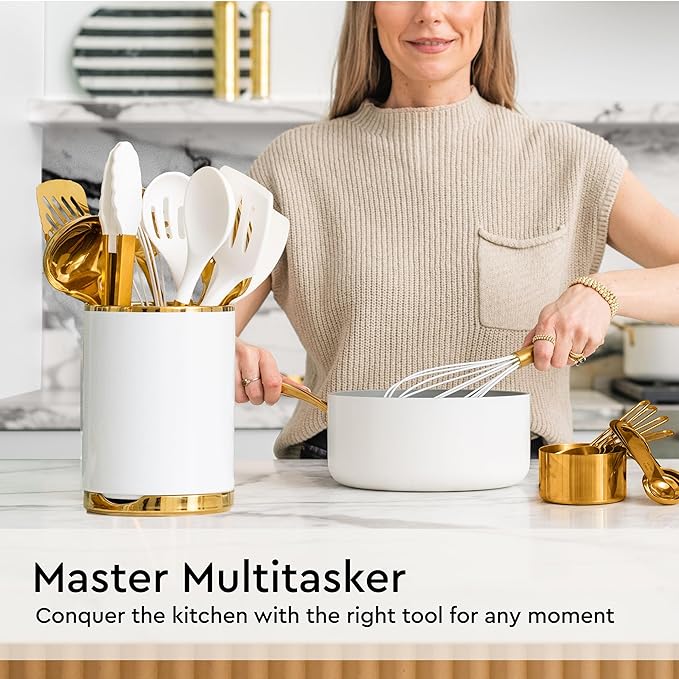 Gold Kitchen Utensils Set - 19-Piece Set Includes Stainless Steel Gold Utensils, White Silicone Tools, and Measuring Cups and Spoons - Luxury Kitchen Accessories for Modern Cooking, Serving, & Gifting-Ruum Studio Home
