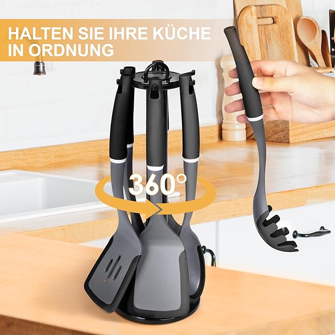 6-Piece Silicone Kitchen Utensil Set with Rotating Stand, Non-Stick, Heat-Resistant (400°F), Nylon Handle, Cooking Spatula Set for Baking & Cooking, Light Gray-Ruum Studio Home