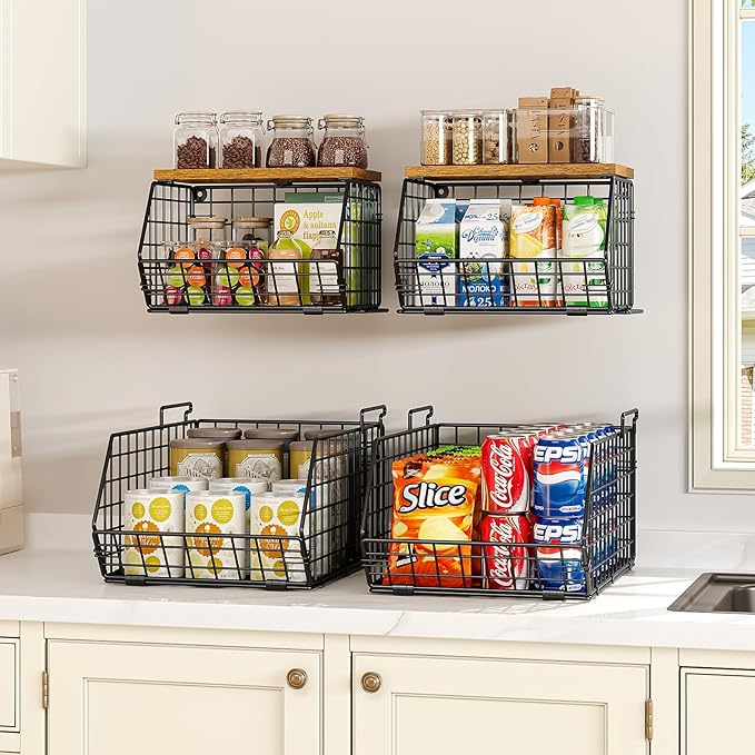 X-cosrack 2-Tier Stackable Wire Baskets for with Wood Lid, Wall Hanging Baskets for Potato and Onion Storage, Fruit Basket for Kitchen Counter, Metal Baskets for Snack Produce Cans-Ruum Studio Home