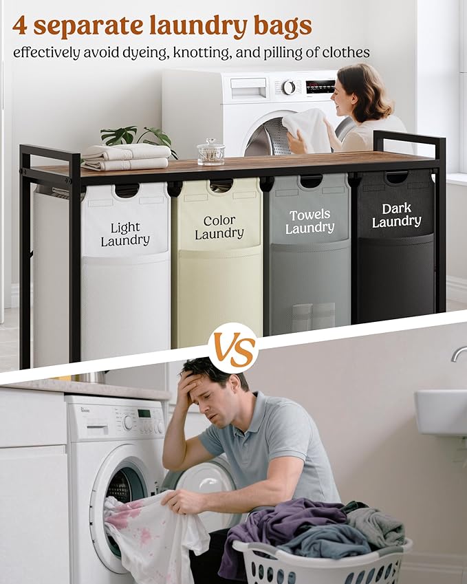 Lulive Laundry Hamper with Shelf, Laundry Basket 4 Section, Laundry Sorter Organizer with Pull-Out Removable Large 4 Color Bags & Large Top Shelf for Laundry Room, Bathroom and Dorm, 4 x 18 Gal (272L)-Ruum Studio Home