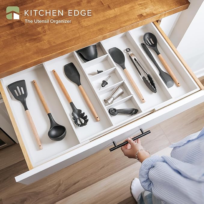 Adjustable Kitchen Drawer Organizer for Utensils and Junk, Food-Safe Contract Grade with 100% Sustainable Wood, Expandable from 19 to 33 Inches Wide - White Bamboo-Ruum Studio Home