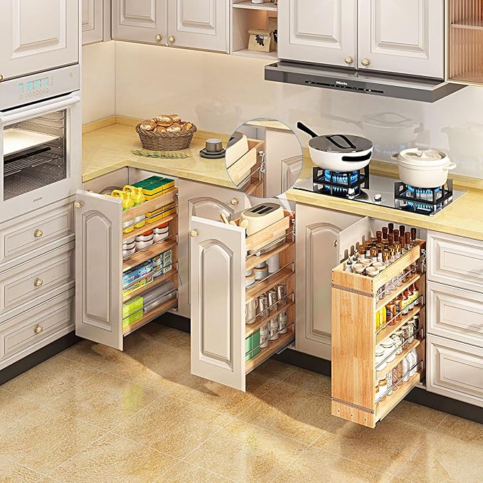 DINDON Pull Out Spice Rack Cabinet Organizer, (8" W x 21.9" D x 25.2" H) Multi-Use Soild Wood Pull Out Cabinet Organizer Slide Out Shelf Sliding Base Cabinet Storage Organization-Ruum Studio Home
