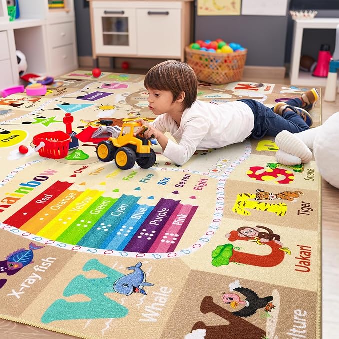 6x9 Playroom Rugs for Kids Washable, Educational and Fun Playmat with ABC Alphabet Animals Shapes Colors, Non-Slip Play Mat Learning Rugs for Baby Toddler Children Game Activity,Beige, Pink-Ruum Studio Home