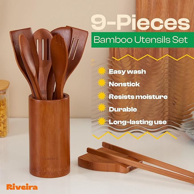 Riveira Premium Brown Bamboo Wooden Spoons for Cooking Set of 9 – Premium Brown Bamboo Wooden Cooking Utensils, Wooden Spatula, Wooden Spoon - Premium Quality Wooden Utensil Set for Non-Toxic Cooking-Ruum Studio Home