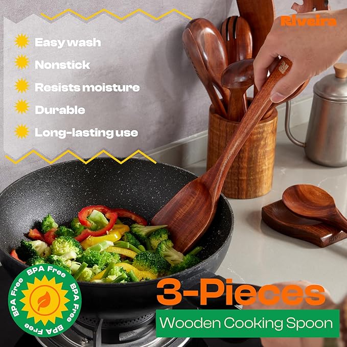 Riveira Set of 3 Dark Teak Spoons for Cooking - Wooden Kitchen Utensil Set - Non-Toxic Cooking Utensils - Wooden Spatula for Cooking - Teak Wood Utensils for Non-Stick Cookware-Ruum Studio Home
