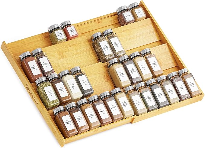 SpaceAid Bamboo Spice Drawer Organizer, (Need 3" Deep Drawer) Expandable 4 Tier Spices Rack for Cabinet, Kitchen Seasoning Storage Insert (Jars Not Included, From 12" to 23" Wide)-Ruum Studio Home