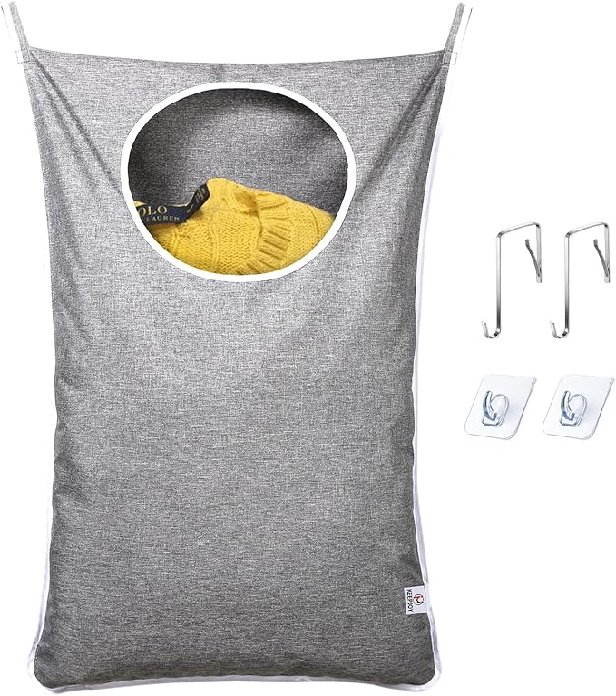 KEEPJOY Hanging Laundry Hamper Bag with Free Adjustable Stainless Steel Door 2 PCs Suction Cup Hooks, Best Choice for Holding Dirty Clothes and Saving Space, Grey-Ruum Studio Home