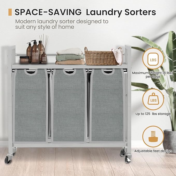 Laundry Hamper, Laundry Basket, Laundry Sorter with 3 Removable Bags, Clothes Basket with 3 Compartments, Wheels, Shelf for Laundry Room Bathroom Bedroom (3 Bags-Gray)-Ruum Studio Home