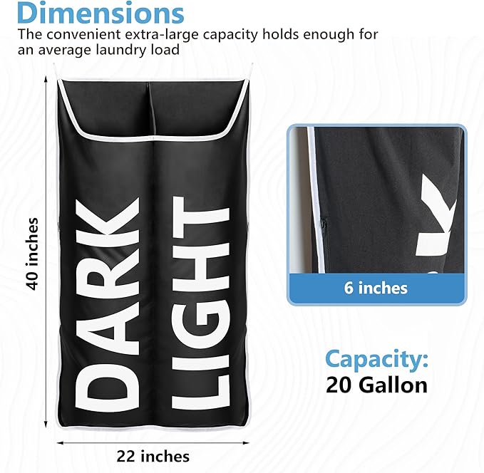Hanging Laundry Hamper Bag XL 40x22", Space Saving over the Door Storage Bags, Behind the Door Hampers for Dirty Clothes & Wall Mounted Basket for Bathroom, Organizer for Small Room Spaces RV-Ruum Studio Home
