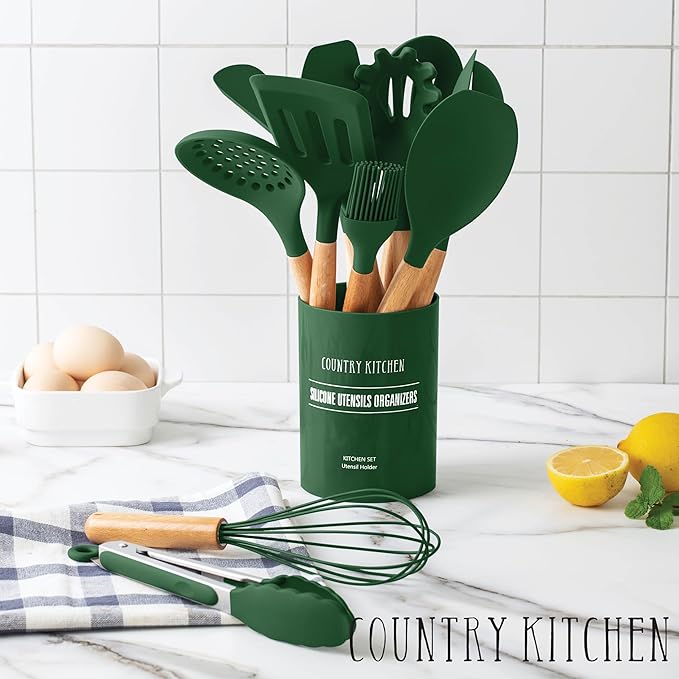 Country Kitchen Non Stick Silicone Utensil Set with Rounded Wood Handles for Cooking and Baking, 14 Piece Set, Green-Ruum Studio Home