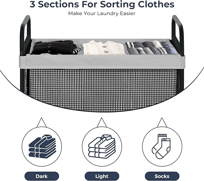 STO STO Laundry Hamper 3 Section, 120L Rolling Laundry Sorter Cart with Removable and Washable Liner Bag, Rolling Clothes Hamper with Metal Handle for Laundry Room and Bedroom, Gray-Ruum Studio Home