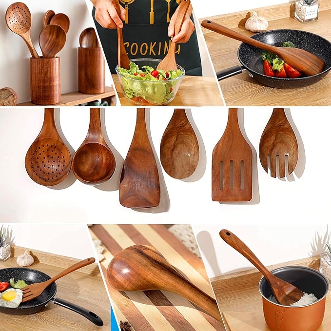 Teak Wooden Kitchen Utensil Set - 7Pcs Wooden Cooking Utensils Including Spatula-Ruum Studio Home