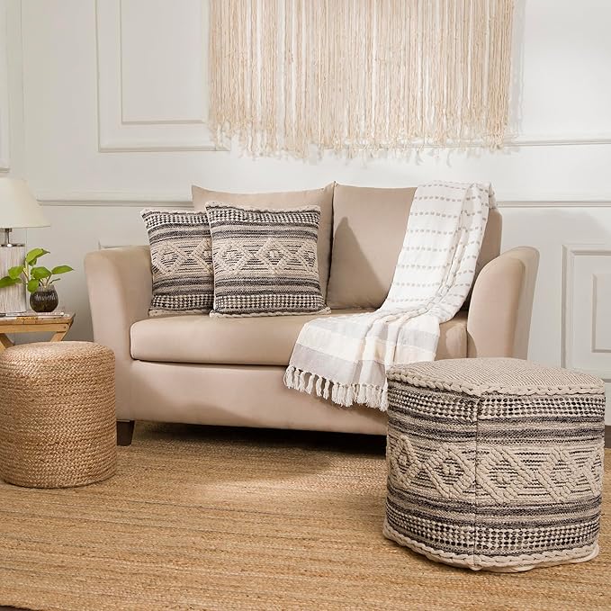 REDEARTH · Tufted Pouf Ottoman with Filler Textured Storage Cube Bean Bag Pouffe Footrest for Living Room, Bedroom, Nursery, Kidsroom; 100% Cotton (17.5"X17.5"X17.5", Diamond Virgule)-Ruum Studio Home