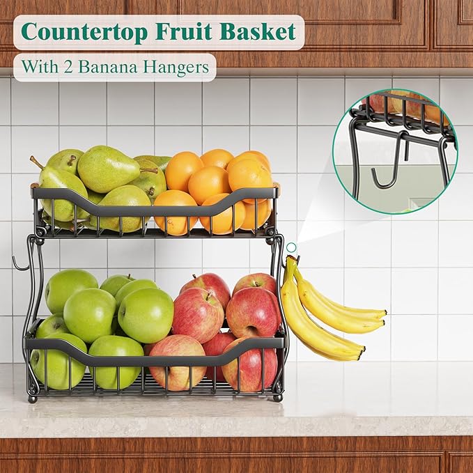 Giwil 2 Tier Countertop Fruit Basket for Kitchen, Vegetable Storage Bread Fruit Bowl Stand with 2 Banana Hangers, Wall Mounted Metal Wire Basket Organizer for Potato Onion, Black-Ruum Studio Home