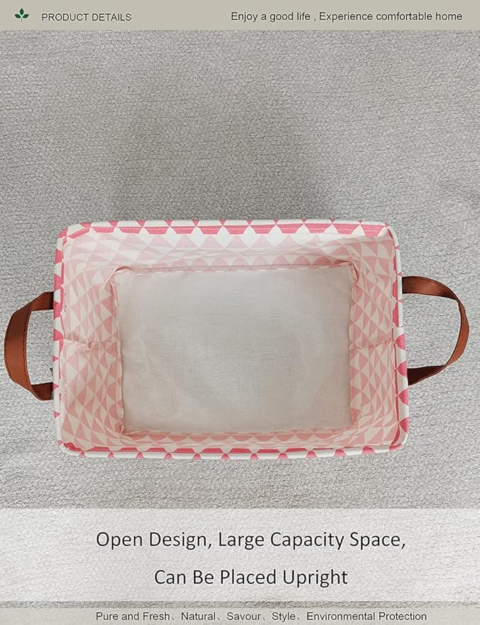 Rectangular Fabric Storage Box, Decorative Basket and Finishing Basket with Handle are Used for The Storage of Clothes, Books and Sundries(Pink Triangle) 1-Ruum Studio Home