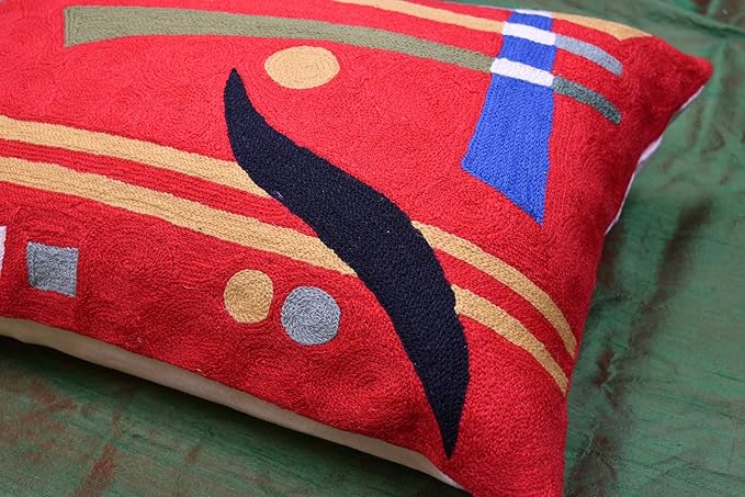 Lumbar Kandinsky Red Abstract Pillow Cover Modern Throw Pillowcase Chair Cushion Contemporary Farmhouse Pillowsham Couch Handembroidered Wool Size 14x20-Ruum Studio Home