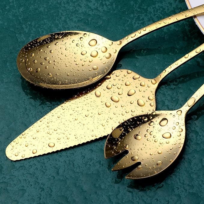 Gold Serving Utensils, OGORI 8-Piece Polished Stainless Steel Flatware Silverware Set Include Serving Spoon, Slotted Spoon, Cake Server, Soup Ladle, Fork, Salad Fork, Butter Knife, Serving Tong-Ruum Studio Home