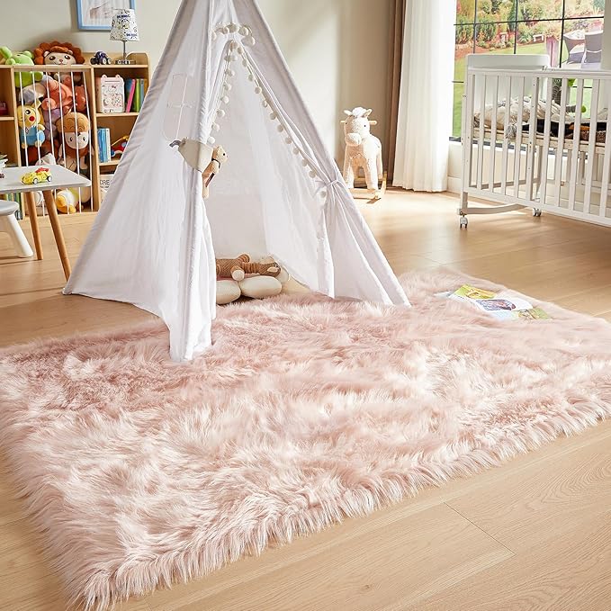 AMTOVO Faux Fur Sheepskin Rug for Living Room, 4 x 6 ft Pink Fluffy Area Rug for Bedroom, Playroom, Luxury Room Decor, Rectangle-Ruum Studio Home