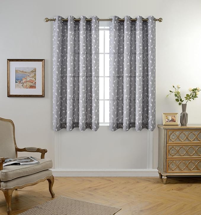 MIUCO Floral Embroidery Semi Sheer Curtains Faux Linen Grommet Curtains for Bedroom 52 x 63 Inch 2 Panels, Grey-Ruum Studio Home