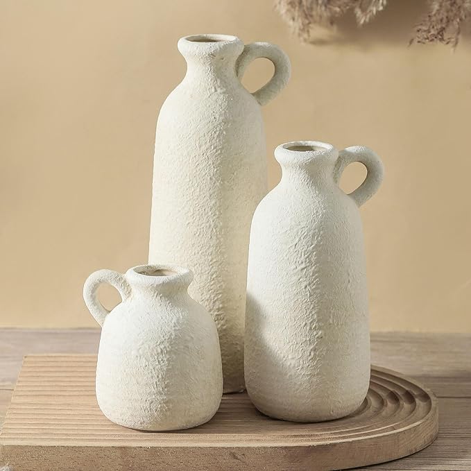 Ceramic Vase Set of 3 with Handle, Neutral Rustic Vases Home Decor Farmhouse Decorative Vase Whitewashed Pottery Decor Modern for Table Mantel Entryway Bookshelf Living Room Kitchen Bedroom - White-Ruum Studio Home