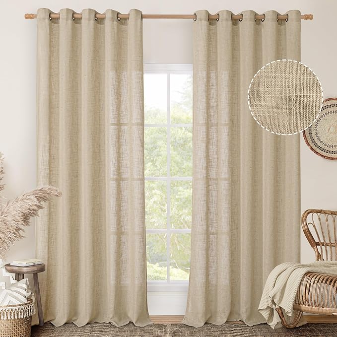 LAMIT Linen Curtains 84 Inches Long for Living Room, Bronze Grommet Linen Light Filtering Window Treatments Semi Sheer Burlap Drapes for Bedroom,2 Panels Set 60 x 84 Inch, Brown-Ruum Studio Home