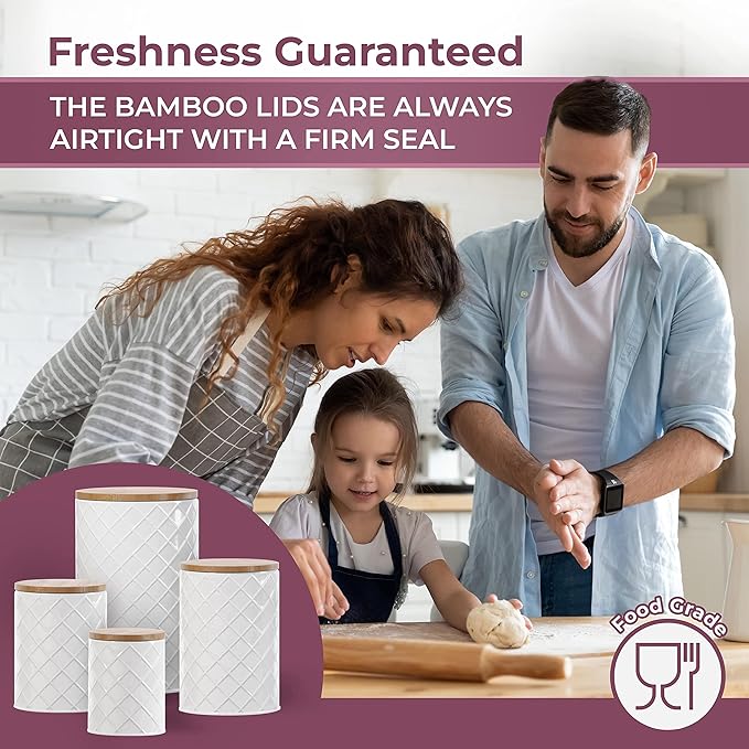 Pebble & Stem® White Metal Canister Set for the Kitchen Counter, Food Canister Set of 4, Airtight Lids, Sugar and Flour Containers for Countertops, Coffee and Tea Storage, Farmhouse Decor-Ruum Studio Home