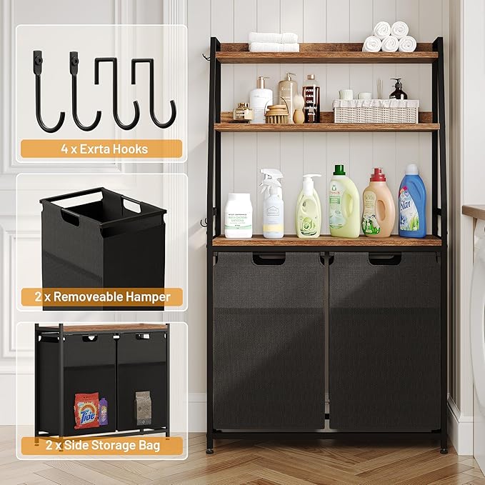Lulive Double Laundry Hamper with Shelf, Laundry Basket with 3 Tier Storage Shelves & 4 Removable Hooks, Tall Laundry Sorter Clothes Hamper with Pull-Out Bags for Bathroom, Laundry Room-Ruum Studio Home