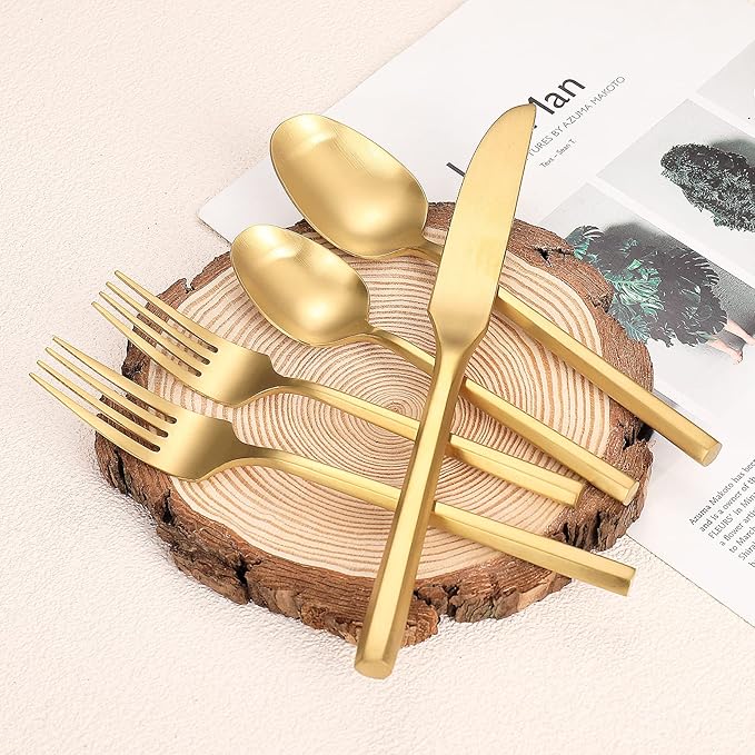 Matte Silverware Set Gold Flatware Set with Hexagon Handle 20 Pieces 18/0 Stainless Steel Cutlery Set Wedding Housewarming Gift Service for 4 (Matt gold)-Ruum Studio Home