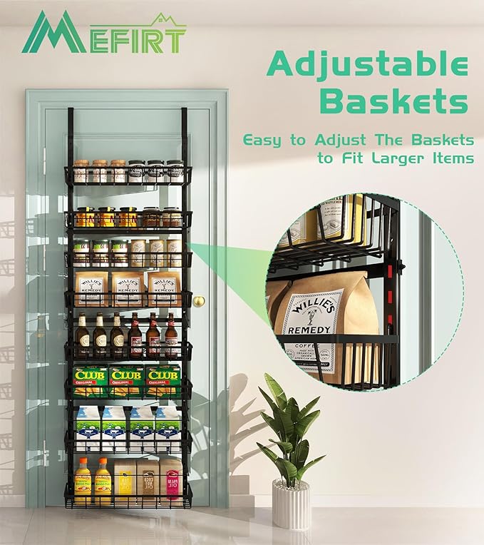 Over The Door Pantry Organizer, Wall Mount Spice Rack, Pantry Hanging Storage and Organization, 8 Adjustable Baskets Heavy-Duty Metal for Home & Kitchen, Back of Door Seasoning Rack - Black-Ruum Studio Home