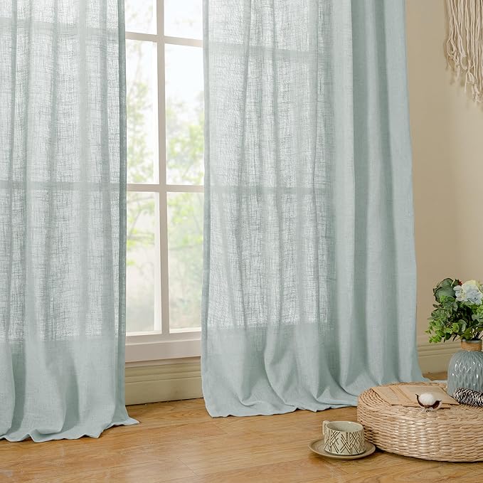 LAMIT Living Room Linen Curtains 90 Inch for Bedroom, Bronze Grommet Linen Textured Sheer Curtains Light Filtering Burlap Drapes for Farmhouse, 2 Panels, 52 x 90 Inch, Greyish Blue-Ruum Studio Home