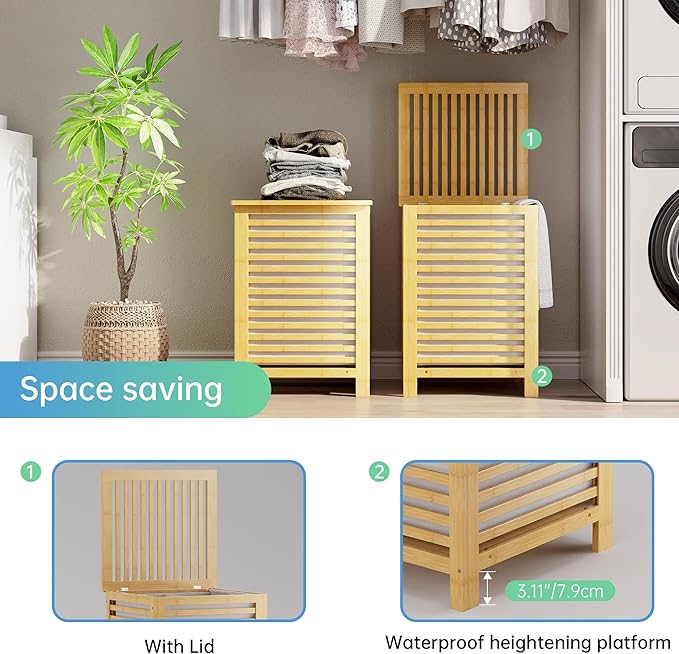 SMIBUY Double Laundry Hamper with Lid, 120L Bamboo Laundry Basket with Removable Liner Bag, 2-Section Clothes Divider Laundry Sorter for Laundry Room, Bathroom, Bedroom (Natural)-Ruum Studio Home