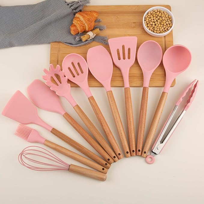 Silicone Cooking Utensils Set, Premium Beech Wood Handle Kitchen Gadgets Utensil Set, Non-Stick Kitchen Utensils Spatula, Tongs, Turner, Whisk, Brush, Spoon, BPA FREE, 446°F Resistant (Pink)-Ruum Studio Home