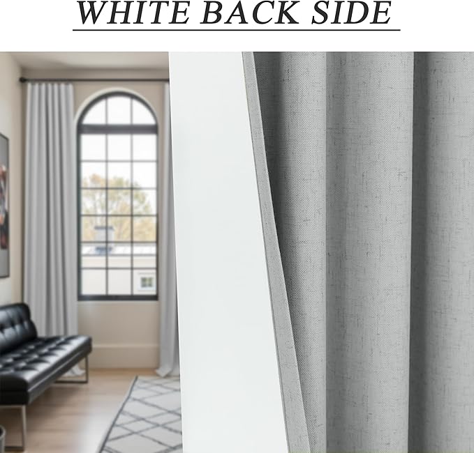 Light Gray Blackout Linen Curtains 108 Inches Long 2 Panel for Sliding Glass Door Puddle Length Floor to Ceiling Drape Lightweight Thermal Black Out Curtain for Bedroom Living Room Heather Grey Silver