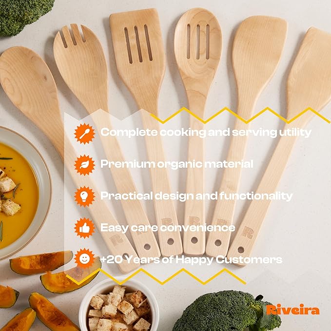 Riveira Maple Wooden Cooking Utensils Set of 6 Premium Non-Toxic Wooden Spoons & Spatula for Cooking-Ruum Studio Home