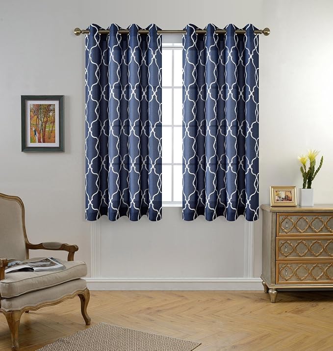 MIUCO Moroccan Embroidery Semi Sheer Curtains Faux Linen Grommet Window Curtains for Living Room 52 x 63 Inch 2 Panels, Navy Blue-Ruum Studio Home