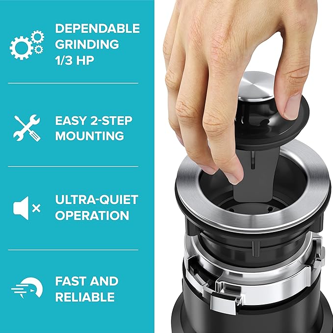 KRAUS WasteGuard 1/3 HP Ultra-Quiet Garbage Disposal with Quick Connect, Kitchen Sink Drain Cover, Power Cord and Flange Included, KWD100-33MBL-Ruum Studio Home