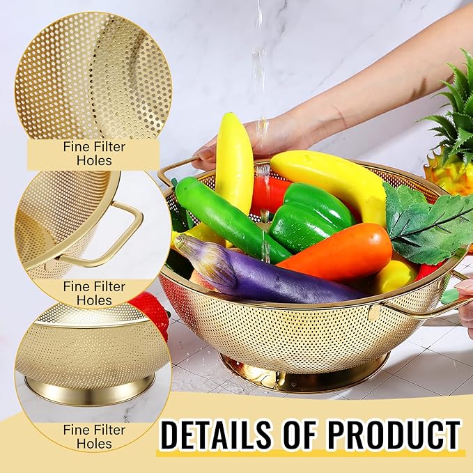Norme 5 Quart Stainless Steel Gold Colander and 3 Pcs Gold Fine Mesh Strainer, Stainless Steel Pasta Rice Food Metal Strainer with Handles, Easy Clean and Dishwasher Safe-Ruum Studio Home