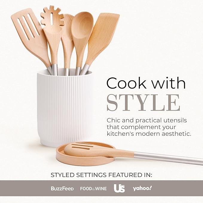 STYLED SETTINGS Wood Cooking Utensils Set with Stainless Steel Handles – 6-PC Durable Wooden Spoons for Cooking, Serving, & Mixing – Kitchen Utensils Set for Nonstick Cookware, Great for Gifting-Ruum Studio Home