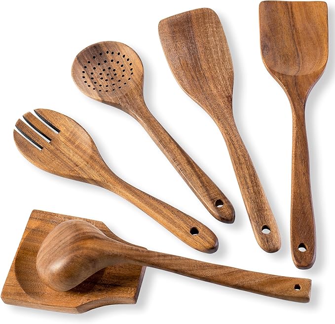 Wooden Spoons for Cooking, Nonstick Cooking Utensil Set with 5 Piece Acacia Wooden Spatulas and Spoons, as well as a Extra Whole Wood Spoon Rest, Terrific for Everyday Kitchen Tasks-Ruum Studio Home