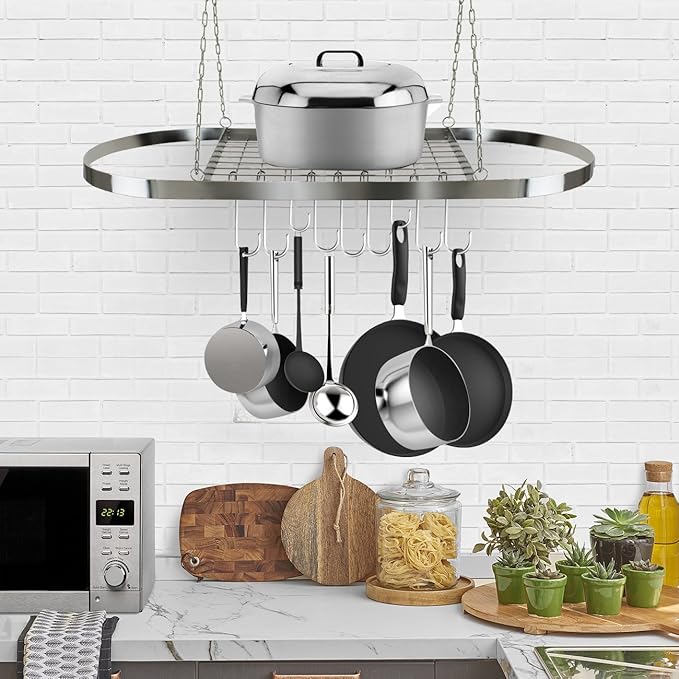 Sorbus® Pot and Pan Rack for Ceiling with Hooks — Decorative Oval Mounted Storage Rack — Multi-Purpose Organizer for Home, Restaurant, Kitchen Cookware, Utensils, Books, Household (Hanging Chrome)-Ruum Studio Home