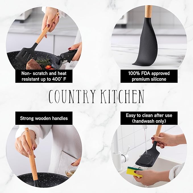 Country Kitchen Non Stick Silicone Utensil Set with Rounded Wood Handles for Cooking and Baking, 14 Piece Set, Black-Ruum Studio Home