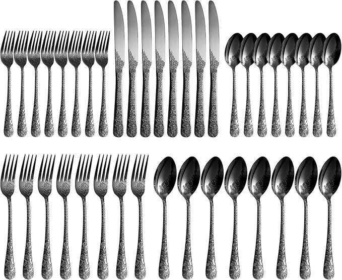 Floral 40 Pcs Black Silverware Set for 8, Food Grade Stainless Steel Flatware Set with Rose Flower Embossed Design, Eating Utensils Sets Include Fork/Knife/Spoon, Reusable Cutlery Set, Dishwasher Safe-Ruum Studio Home