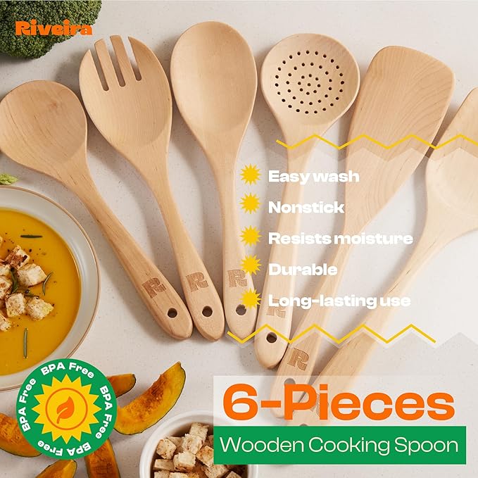 Riveira Maple Wooden Spoons for Cooking Set of 6 – Natural Maple Wooden Cooking Utensils, Wooden Spatula, Wooden Spoon - Premium Quality Wooden Utensil Set for Non-Toxic Cooking-Ruum Studio Home