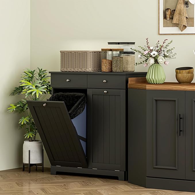 HOMCOM Laundry Hamper Cabinet with 2 Removable Baskets, Tilt Out Laundry Hamper Cabinet with 2 Drawers and 2 Beadboard Doors, Laundry Cabinet Bathroom Storage Cabinet, Black-Ruum Studio Home