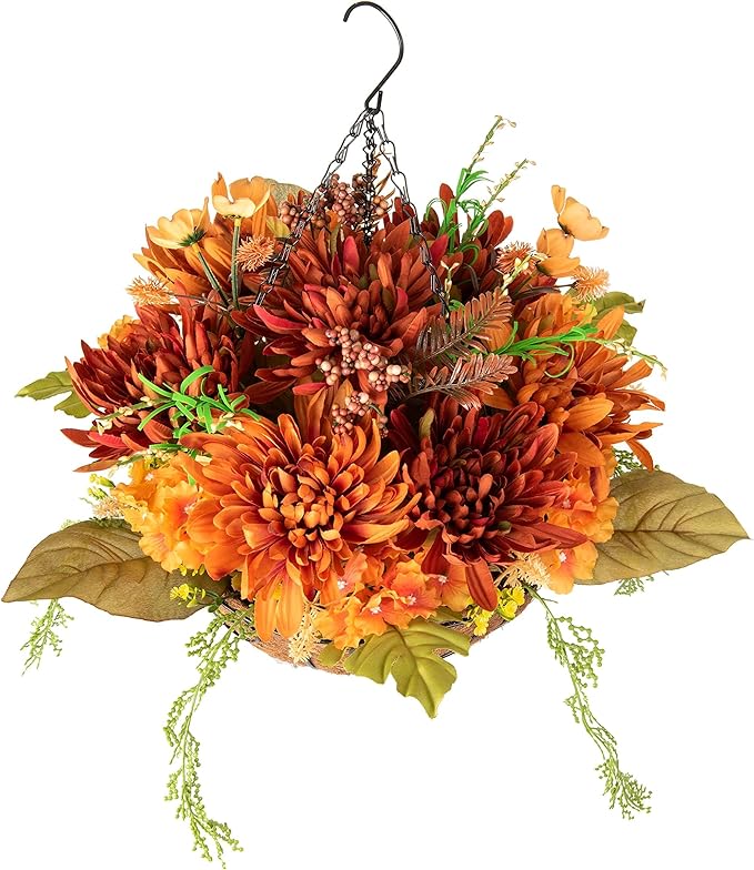Artificial Fake Hanging Mums Flowers Plants Baskets for Outdoor Outside Decoration, Faux Silk Orange Flower Chrysanthemum UV Resistant Realistic for Porch Patio Balcony Yard Decor-Ruum Studio Home