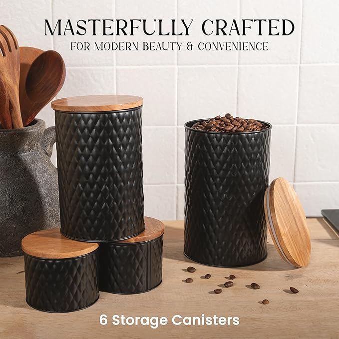 6 Canister Set for the Kitchen Countertop – Metal Food Storage Canisters with Airtight Lids for Flour, Tea, Crafts, Coffee, & Sugar – Container Set with Modern Wood Lids, Black-Ruum Studio Home