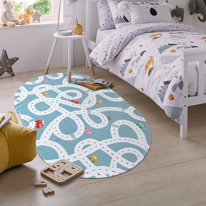 STARUIA Small Road Rug for Kids Room, 3'x5' Washable Kids Play Rug for Baby Nursery, Non-Slip Car Rugs for Playroom, Kid Play Mat Blue Traffic Carpet for Boys Girls Dorm Toy Room Tent-Ruum Studio Home